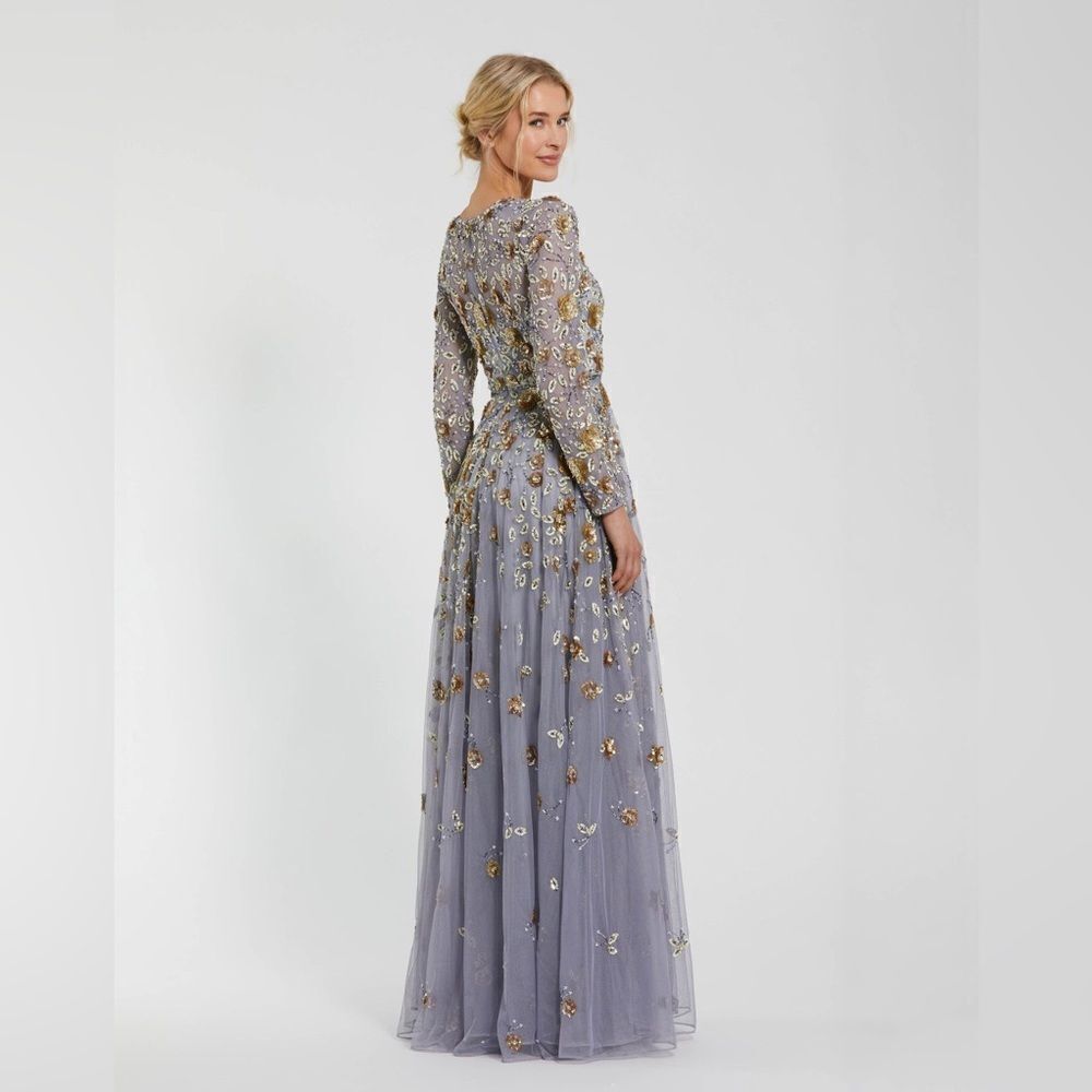 Mac Duggal 5533 Platinum Embellished High Neck Long Sleeve A Line Gown Dress - Picture 4 of 13